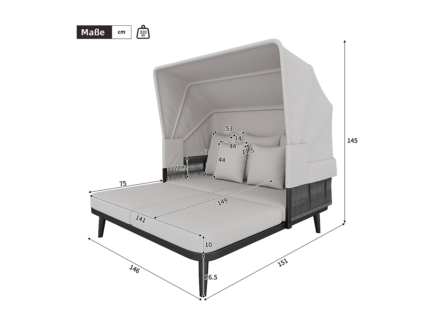 Zestaw mebli ogrodowych ze stali ocynkowanej dla 2 osób - leżak plażowy i leżanka - poduszki 10 cm - szary