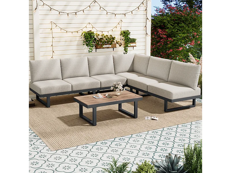 Salon de jardin modulable acier galvanisé - canapé d'angle - lit de relaxation - tabls basse  - gris