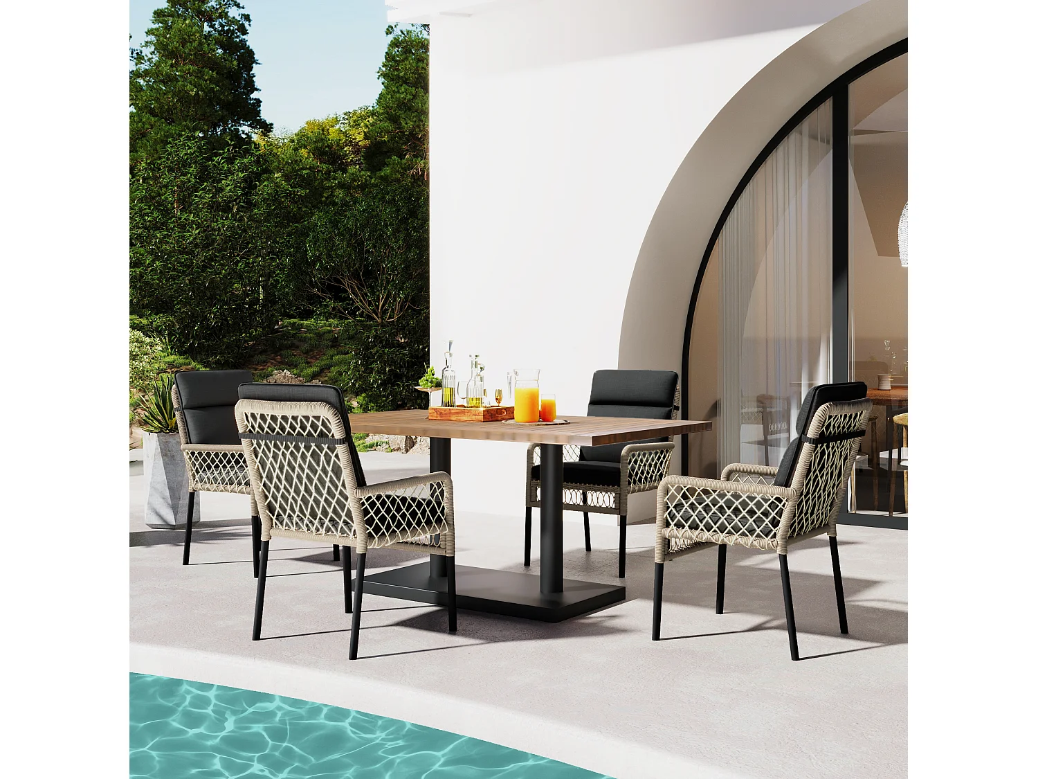 Salon de jardin en bois d'acacia 4 places : table à manger + 4 fauteuils - 120 x 70 x 75 cm - pour terrasse, jardin - Gris + naturel