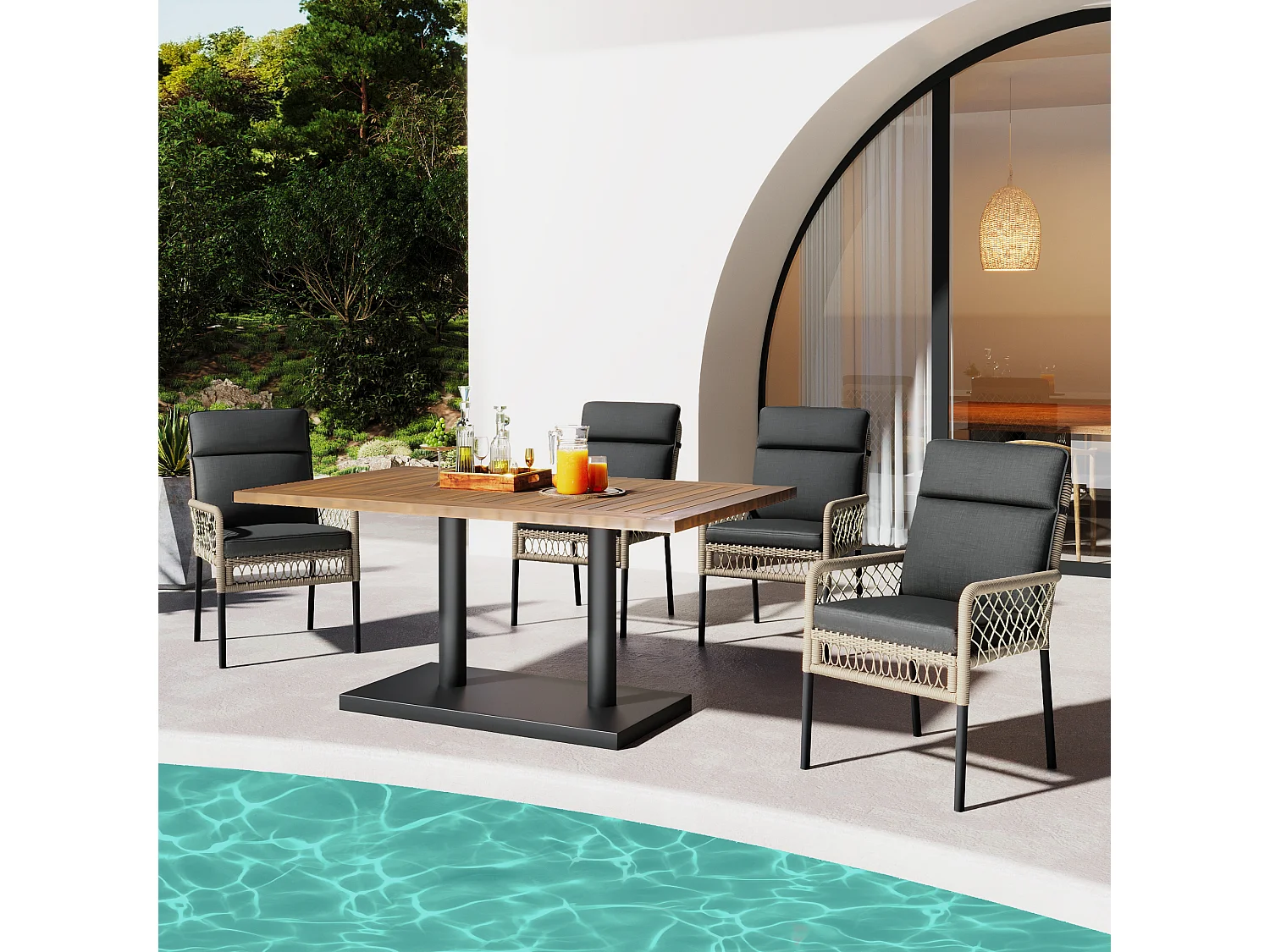 Salon de jardin en bois d'acacia 4 places : table à manger + 4 fauteuils - 120 x 70 x 75 cm - pour terrasse, jardin - Gris + naturel