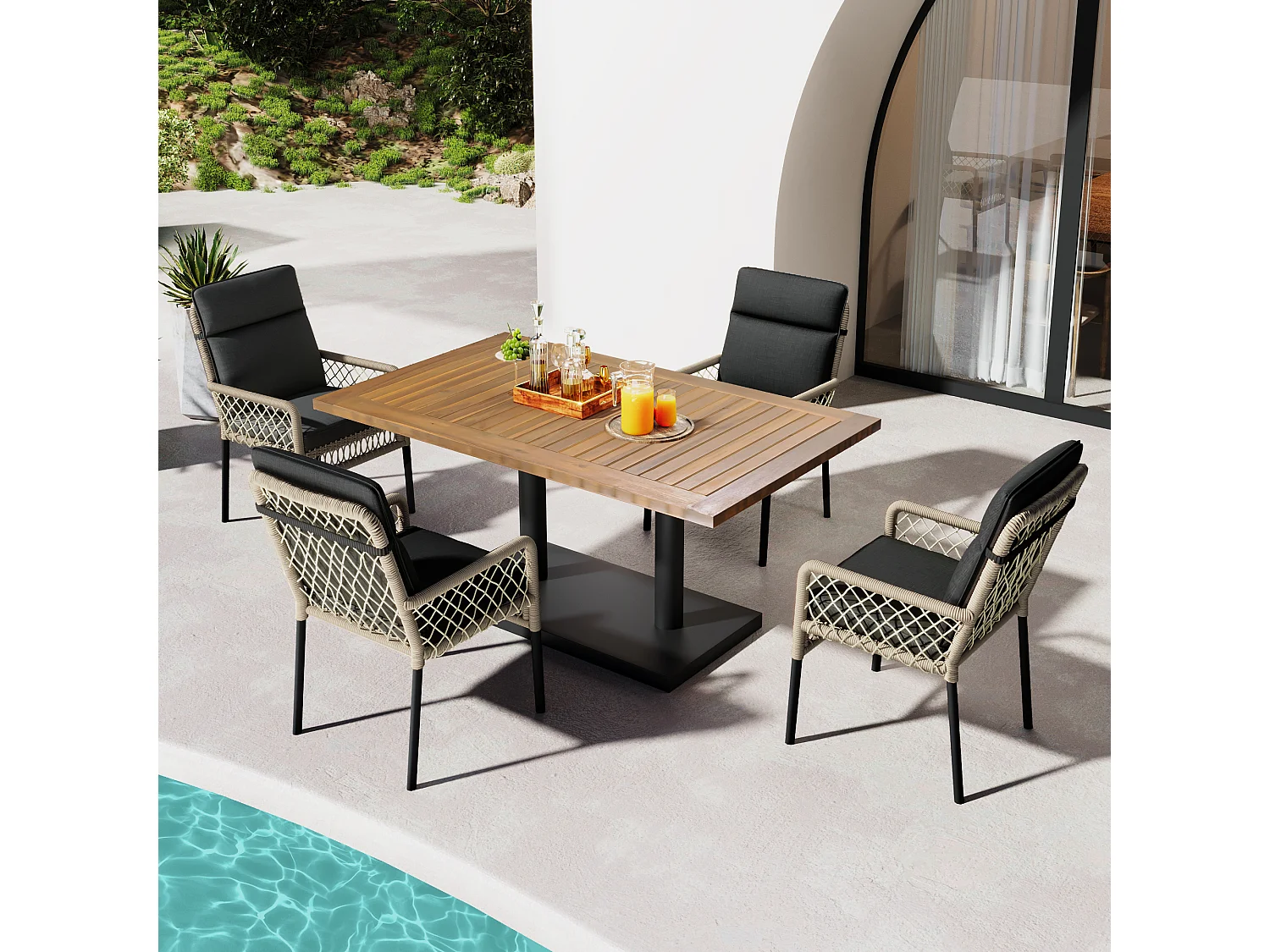 Salon de jardin en bois d'acacia 4 places : table à manger + 4 fauteuils - 120 x 70 x 75 cm - pour terrasse, jardin - Gris + naturel