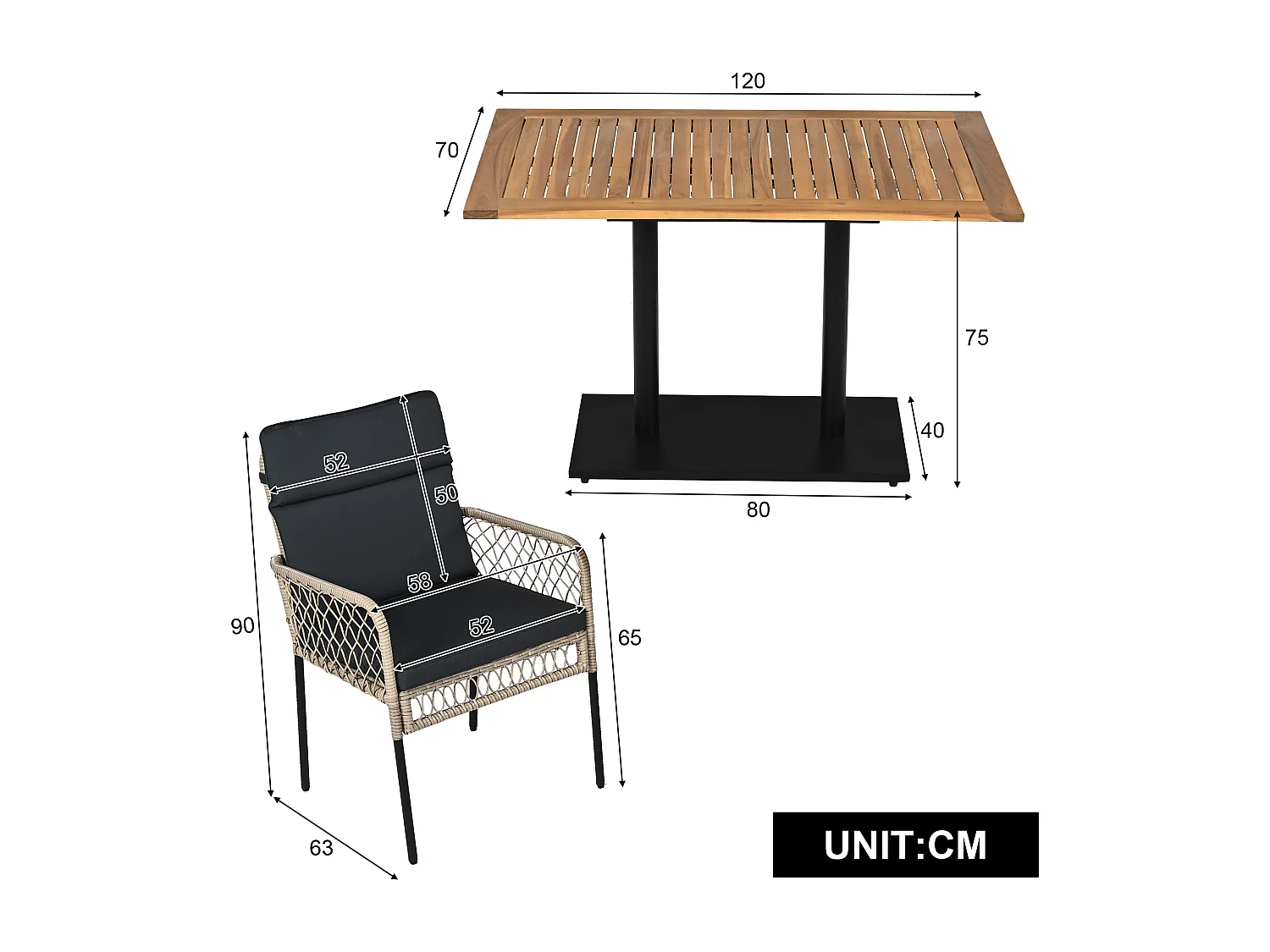 Salon de jardin en bois d'acacia 4 places : table à manger + 4 fauteuils - 120 x 70 x 75 cm - pour terrasse, jardin - Gris + naturel