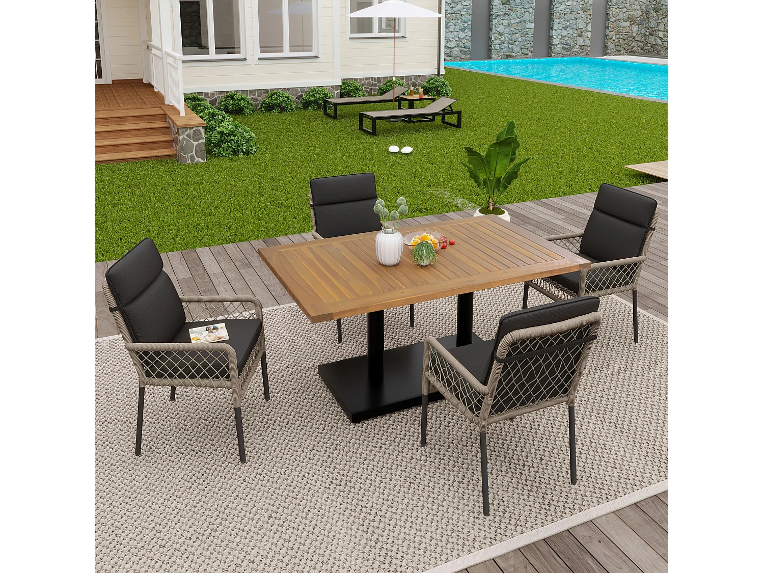 Salon de jardin en bois d'acacia 4 places : table à manger + 4 fauteuils - 120 x 70 x 75 cm - pour terrasse, jardin - Gris + naturel