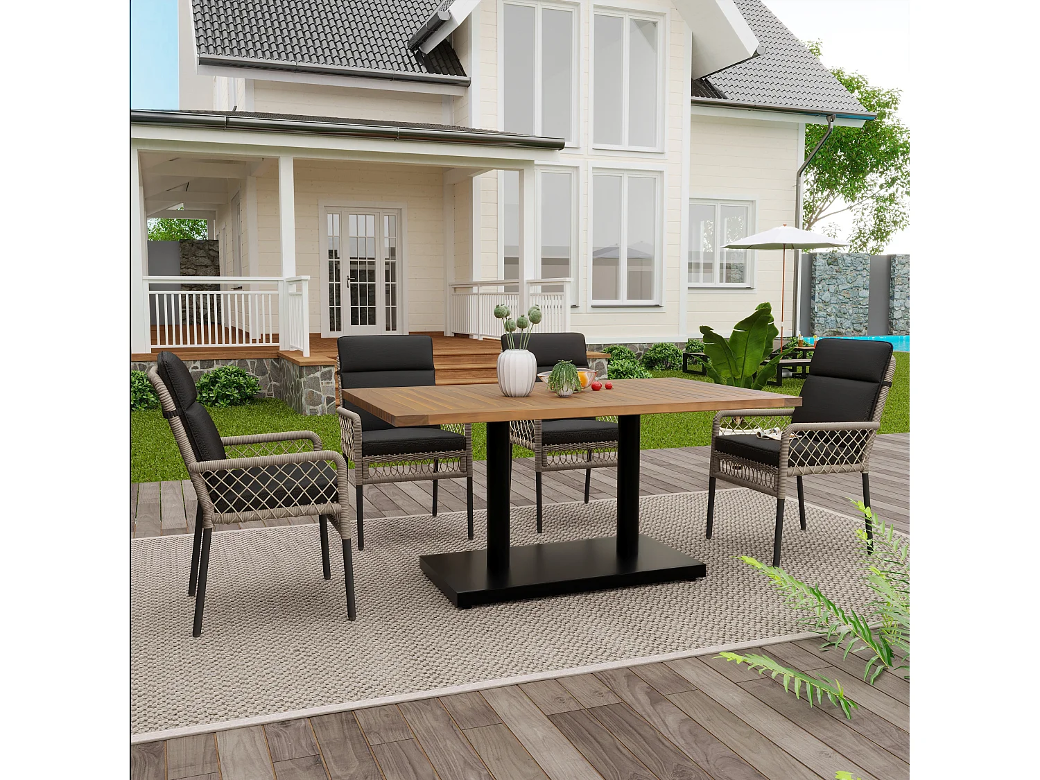 Salon de jardin en bois d'acacia 4 places : table à manger + 4 fauteuils - 120 x 70 x 75 cm - pour terrasse, jardin - Gris + naturel