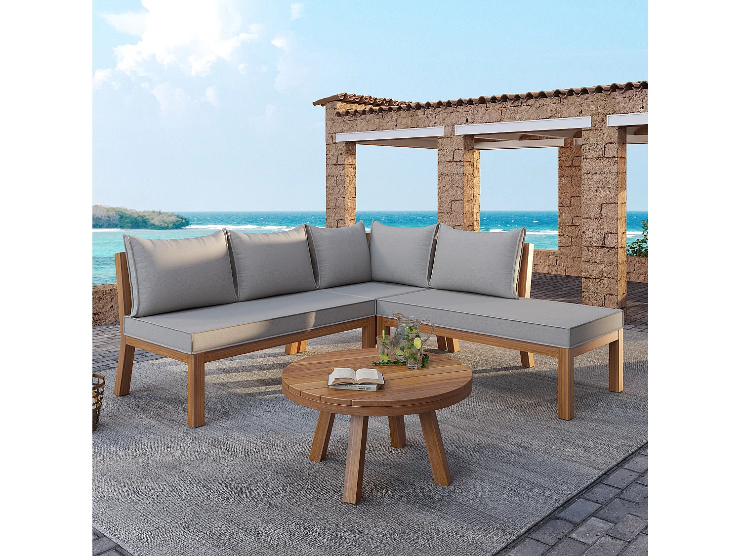 Meble ogrodowe modułowe - narożnik + stolik kawowy - rama z grubego drewna - szare