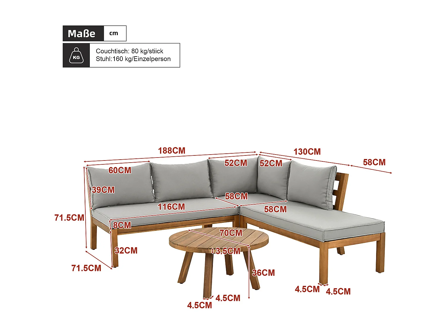 Meble ogrodowe modułowe - narożnik + stolik kawowy - rama z grubego drewna - szare