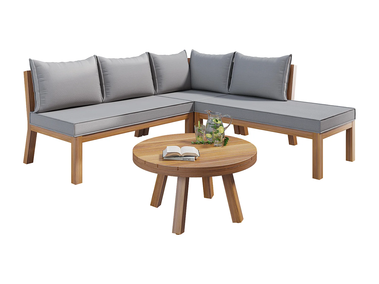 Meble ogrodowe modułowe - narożnik + stolik kawowy - rama z grubego drewna - szare