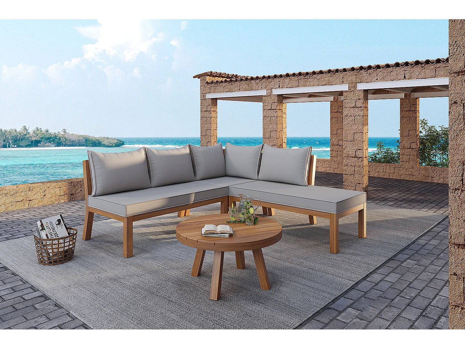 Meble ogrodowe modułowe - narożnik + stolik kawowy - rama z grubego drewna - szare