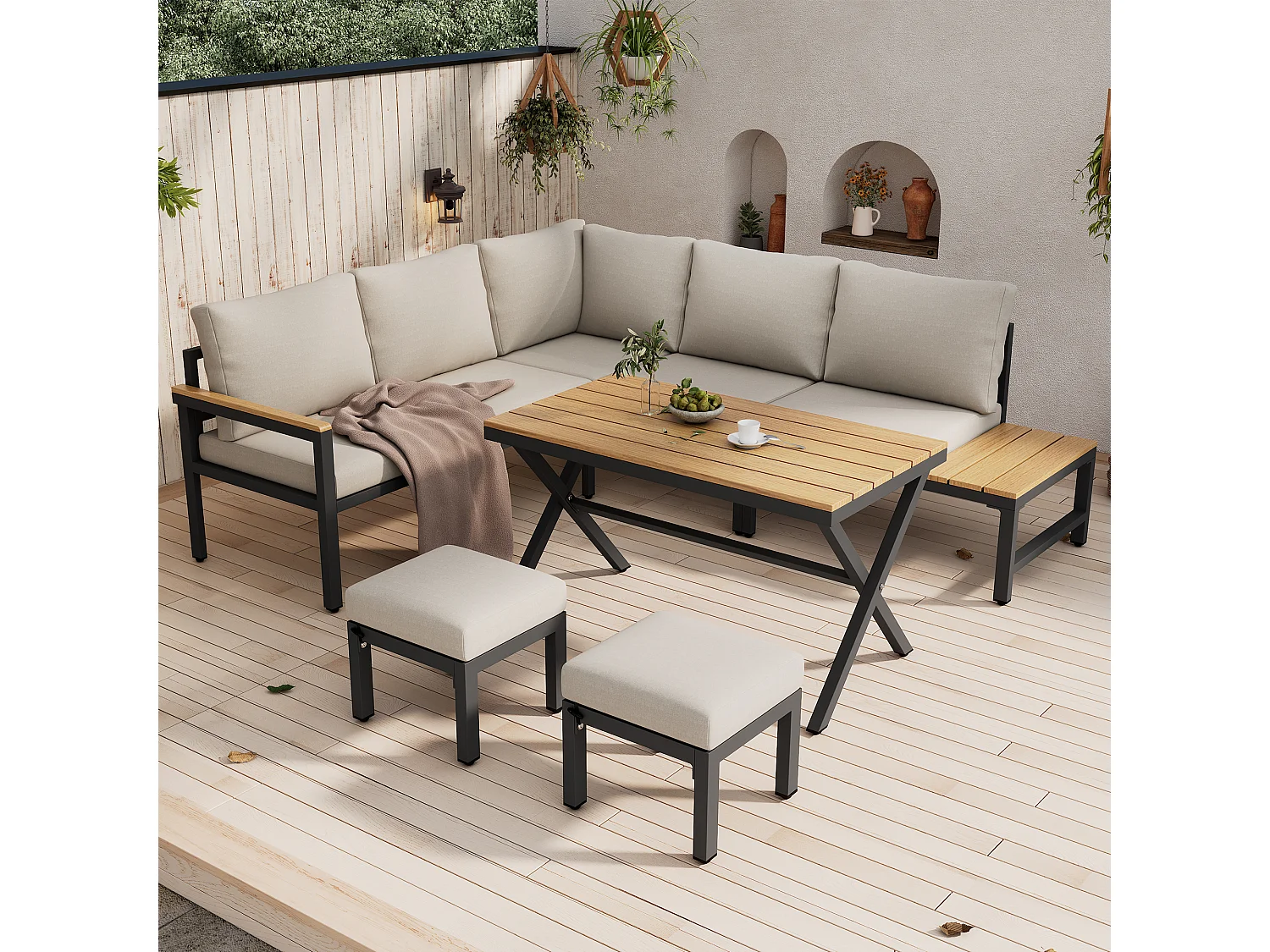 Modulaire tuinset van 4 stuks van gegalvaniseerd staal - hoekbank en 2 krukken + salontafel - beige