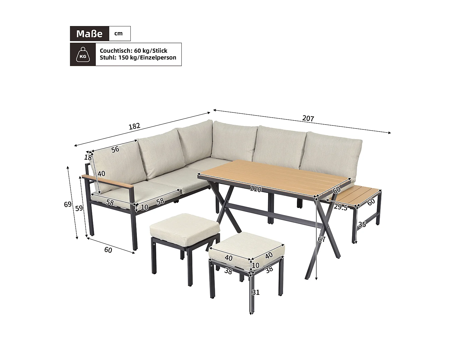 Modulaire tuinset van 4 stuks van gegalvaniseerd staal - hoekbank en 2 krukken + salontafel - beige