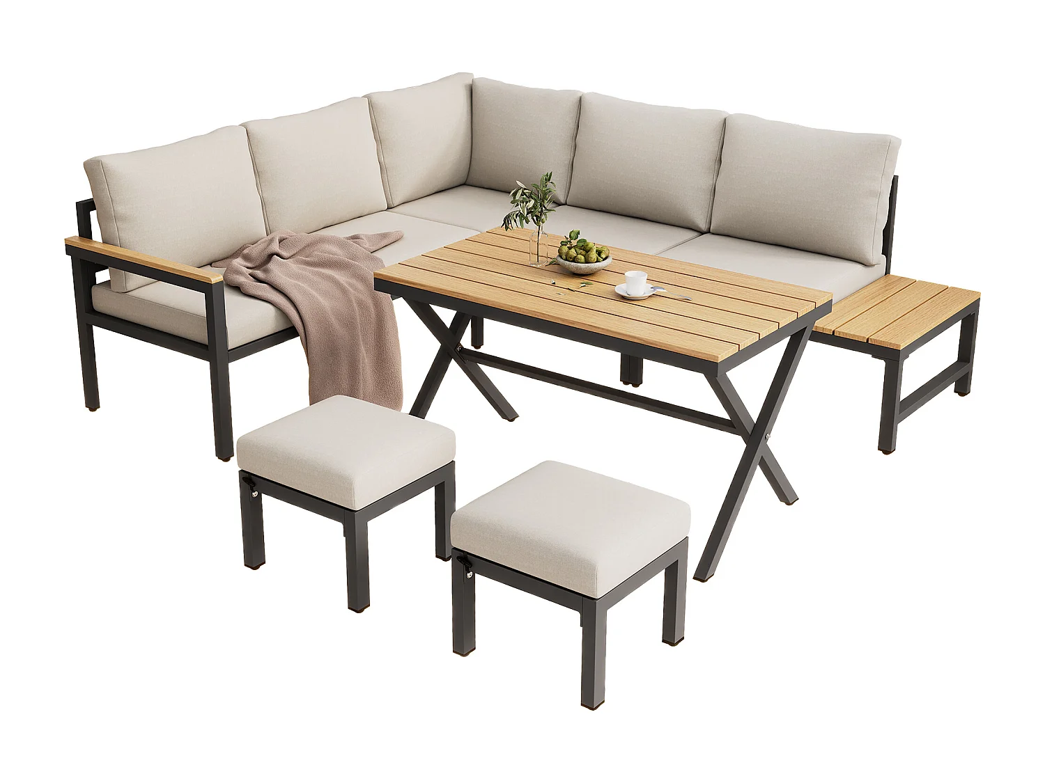 Modulaire tuinset van 4 stuks van gegalvaniseerd staal - hoekbank en 2 krukken + salontafel - beige
