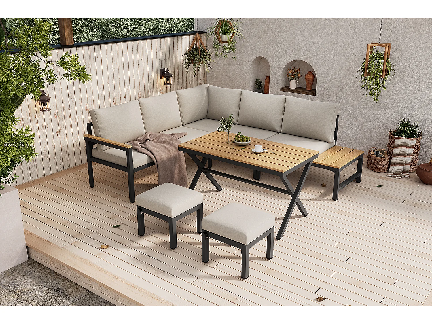 Modulaire tuinset van 4 stuks van gegalvaniseerd staal - hoekbank en 2 krukken + salontafel - beige