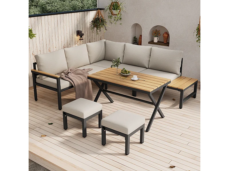 Modulaire tuinset van 4 stuks van gegalvaniseerd staal - hoekbank en 2 krukken + salontafel - beige