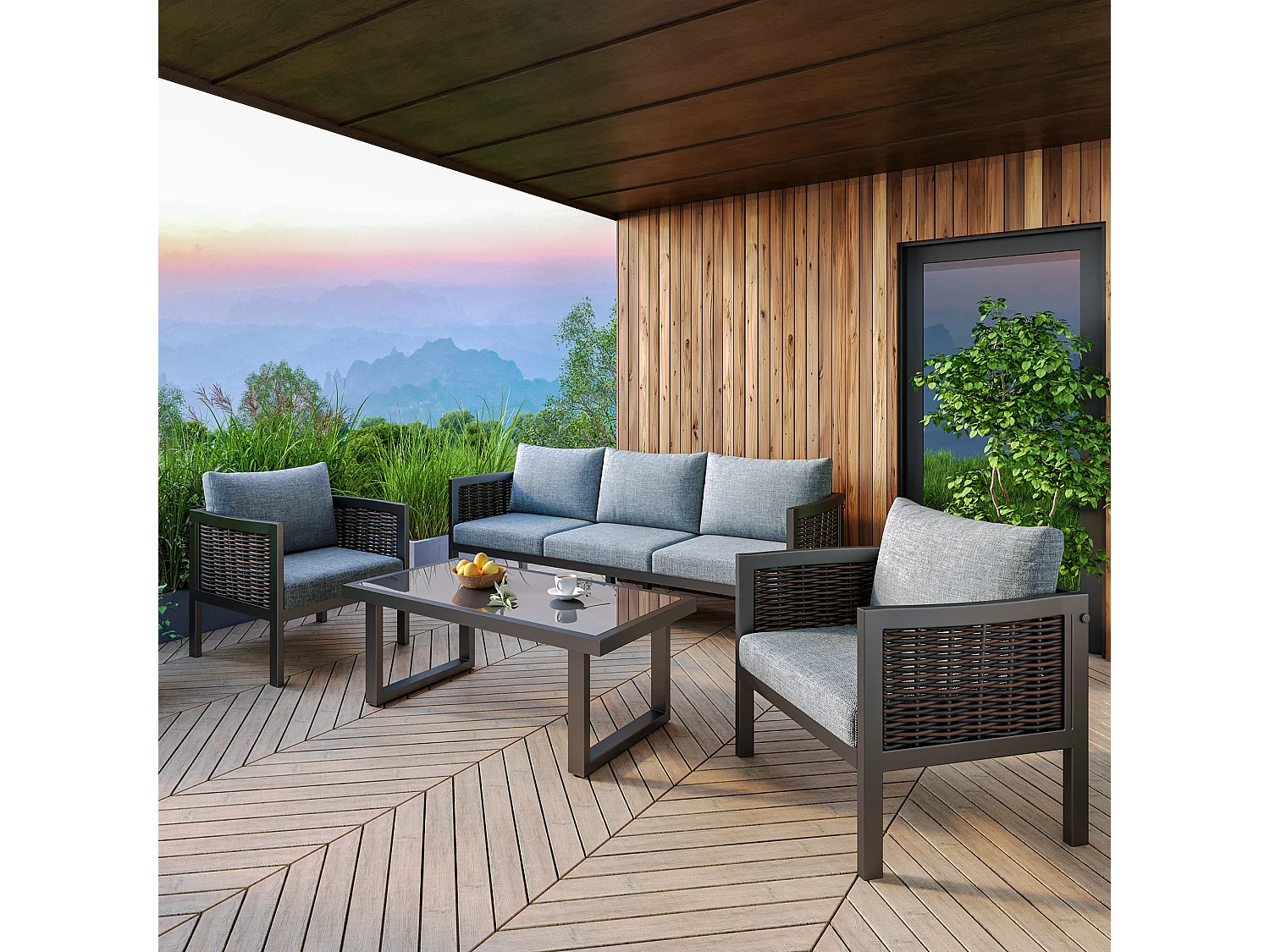 Zestaw mebli ogrodowych modułowych ze stali ocynkowanej - sofy 3-osobowe + 2 fotele z poduszkami - stoliki kawowe szklane - szary