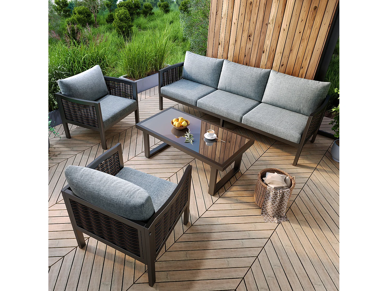 Zestaw mebli ogrodowych modułowych ze stali ocynkowanej - sofy 3-osobowe + 2 fotele z poduszkami - stoliki kawowe szklane - szary