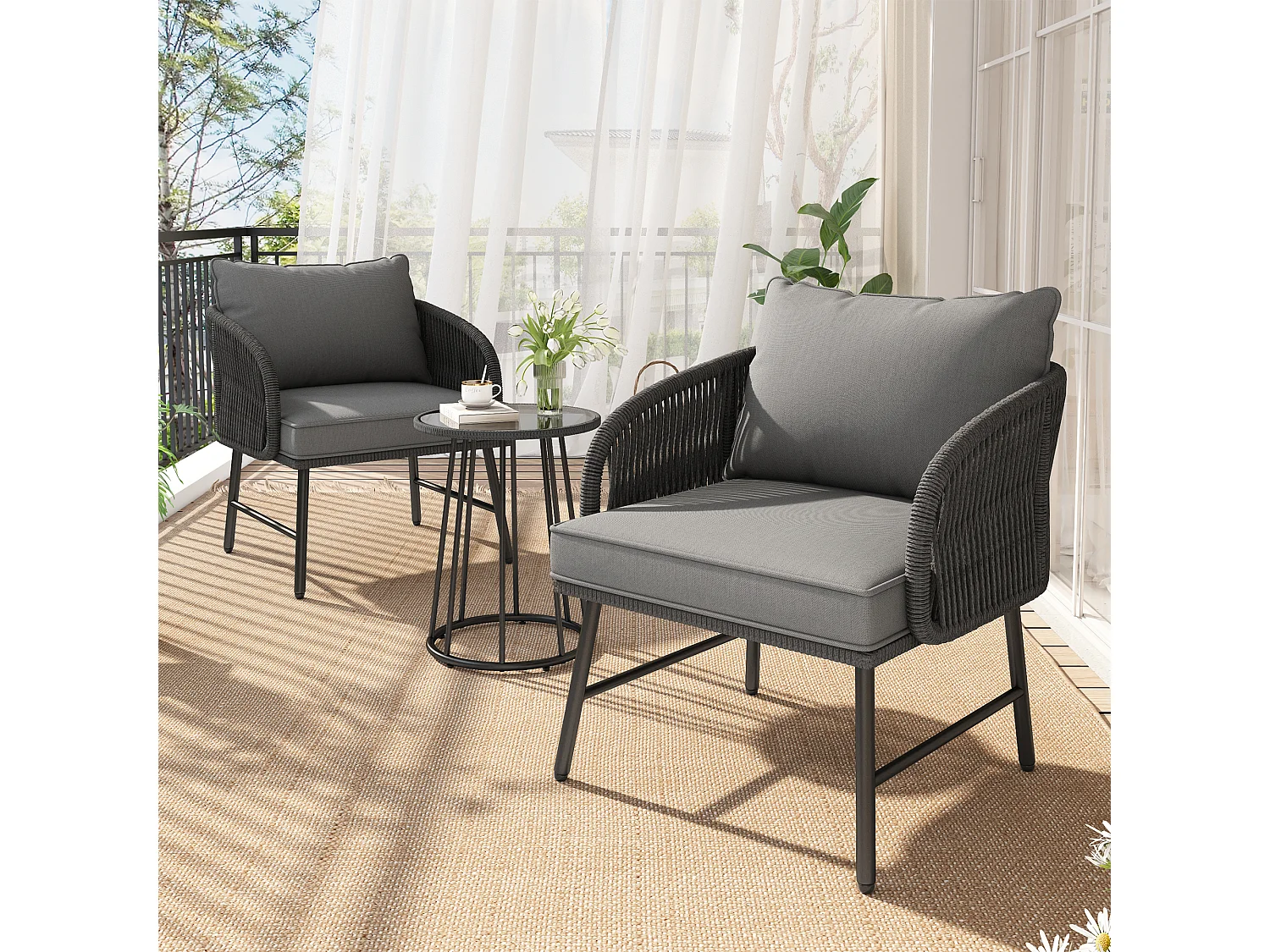 Set da bar da giardino 3 pezzi - tavolo e 2 sedie - piano in vetro - grigio