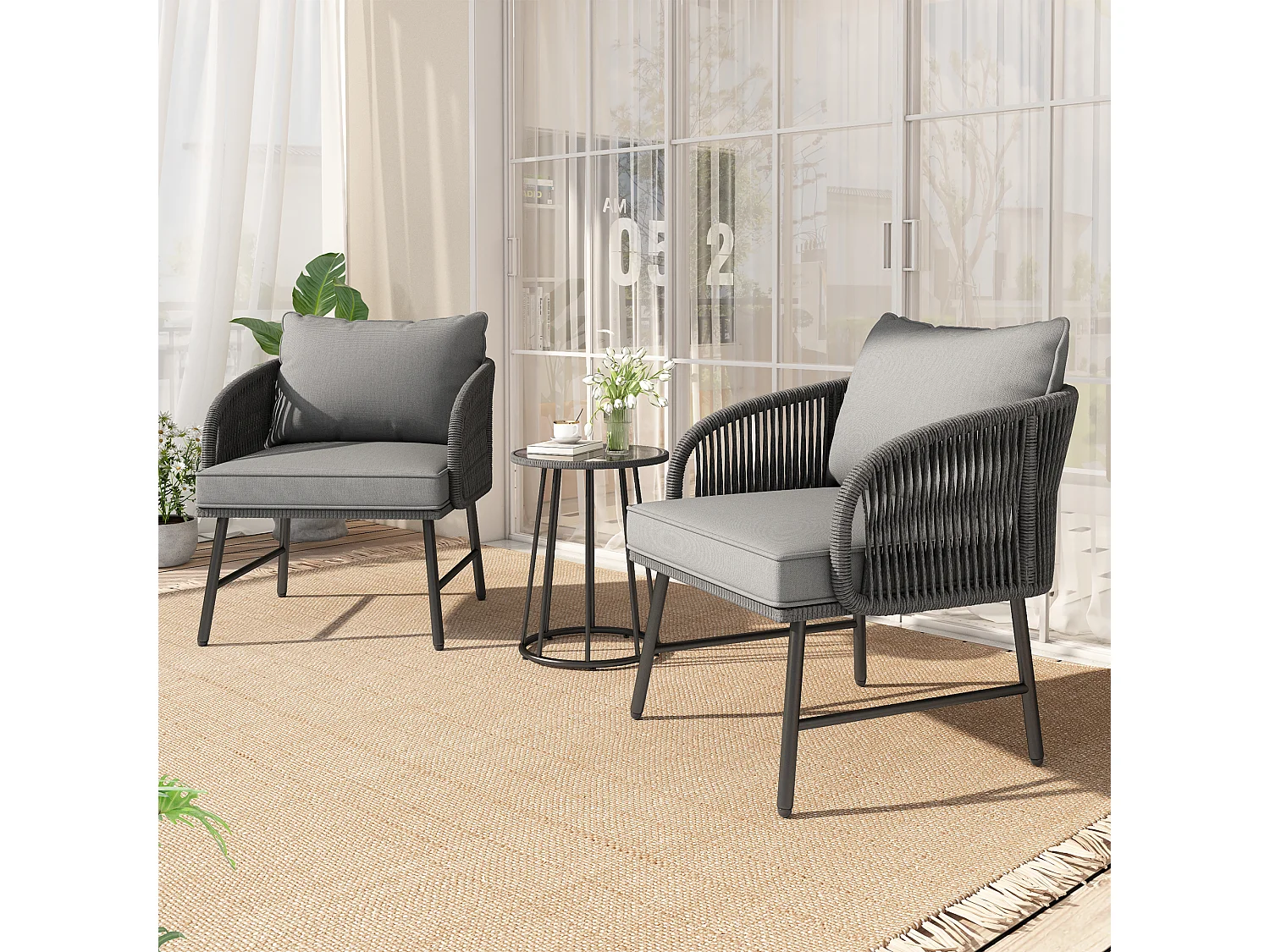 Set da bar da giardino 3 pezzi - tavolo e 2 sedie - piano in vetro - grigio