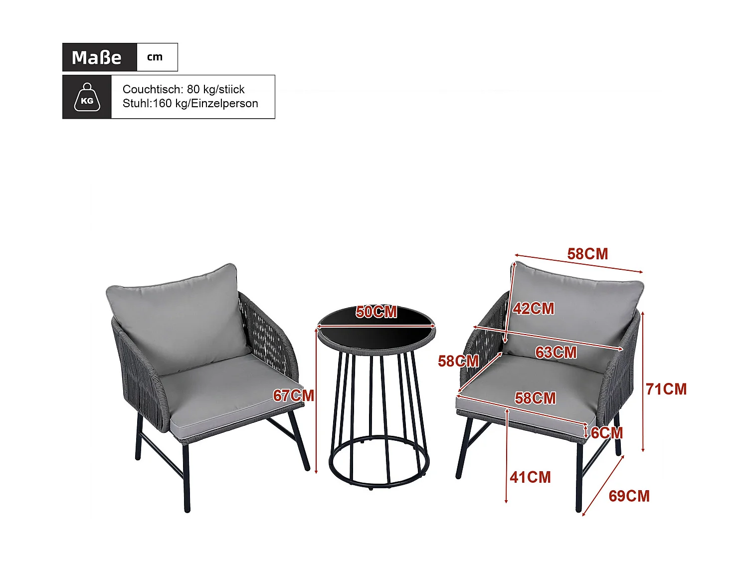 Set da bar da giardino 3 pezzi - tavolo e 2 sedie - piano in vetro - grigio