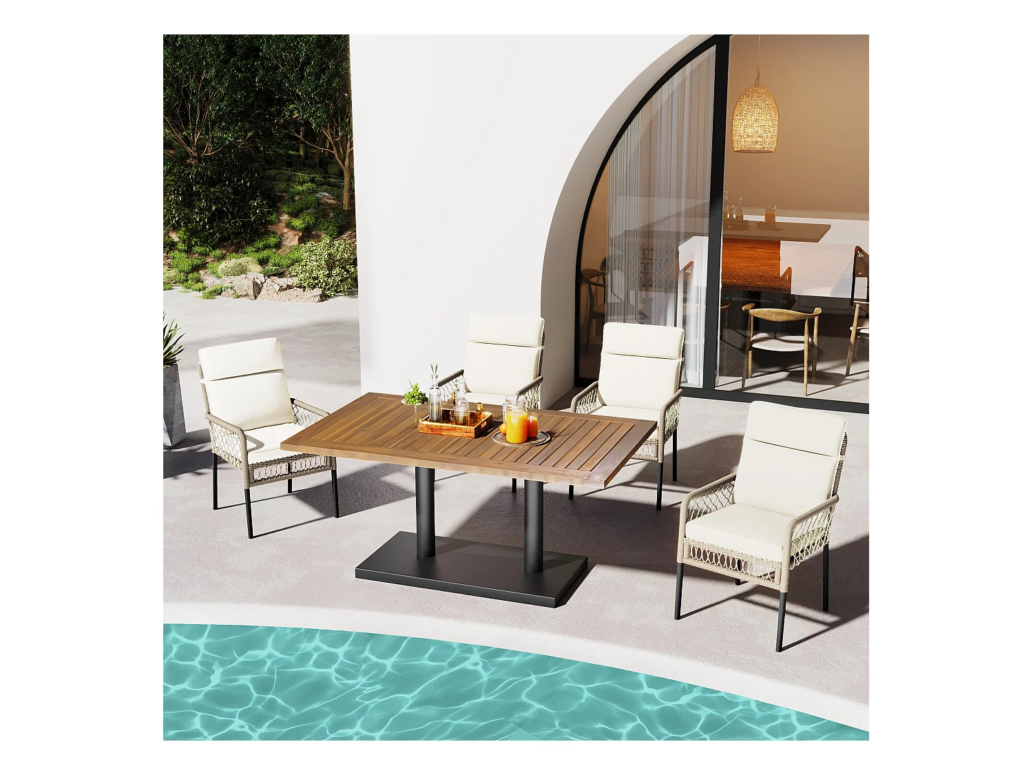 Zestaw ogrodowy stół i krzesła dla 4 osób - jeden stół drewniany i 4 krzesła PE - biały