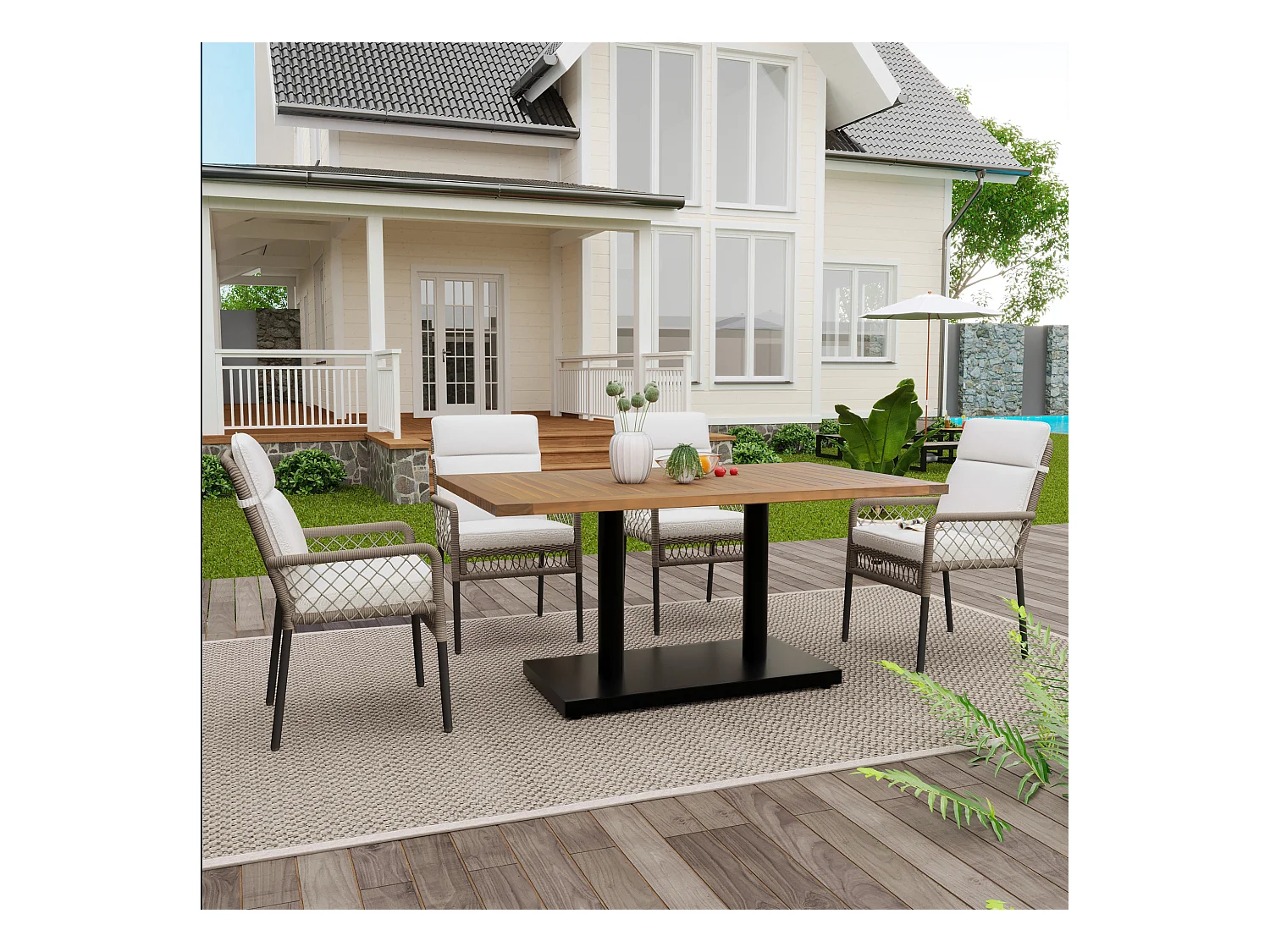 Zestaw ogrodowy stół i krzesła dla 4 osób - jeden stół drewniany i 4 krzesła PE - biały