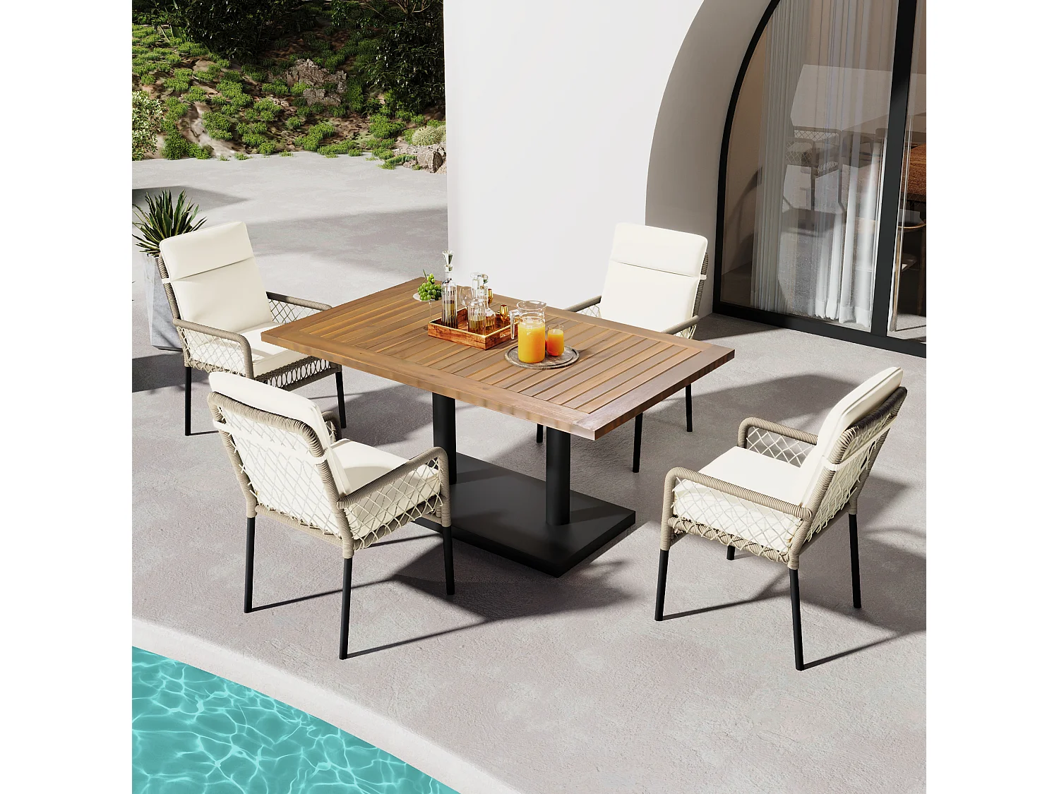 Tuintafel en stoelenset voor 4 personen - een houten tafel en 4 PE-stoelen - wit