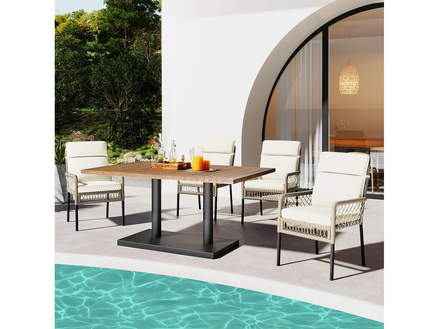 Tuintafel en stoelenset voor 4 personen - een houten tafel en 4 PE-stoelen - wit