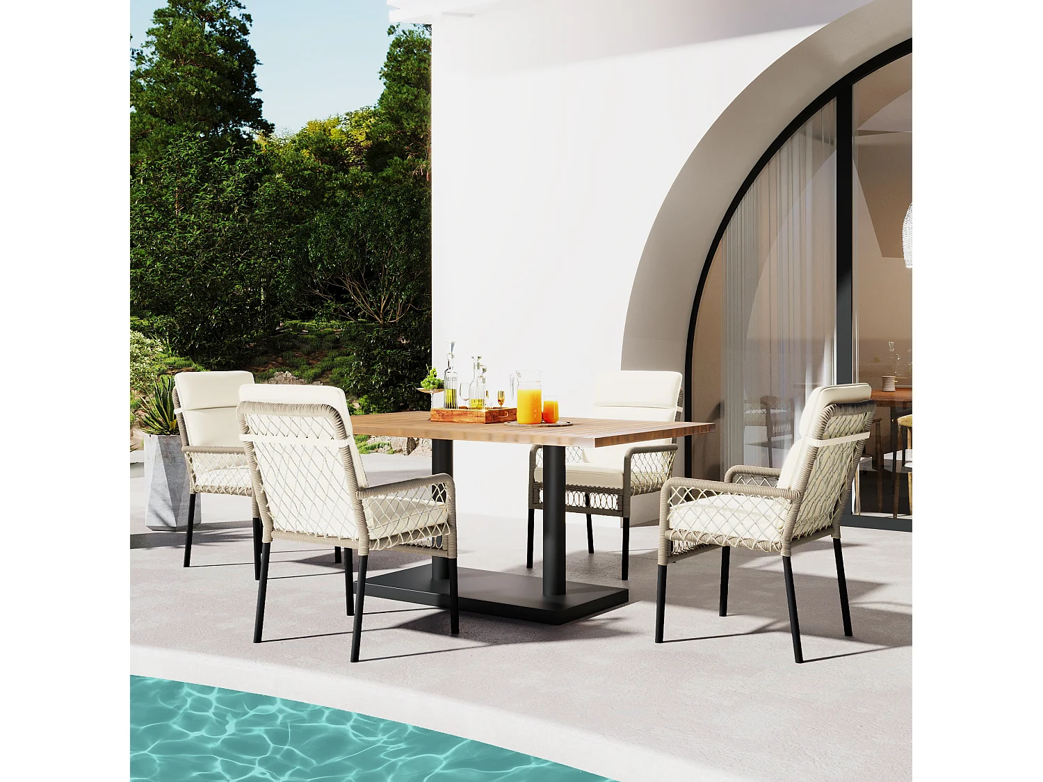 Tuintafel en stoelenset voor 4 personen - een houten tafel en 4 PE-stoelen - wit