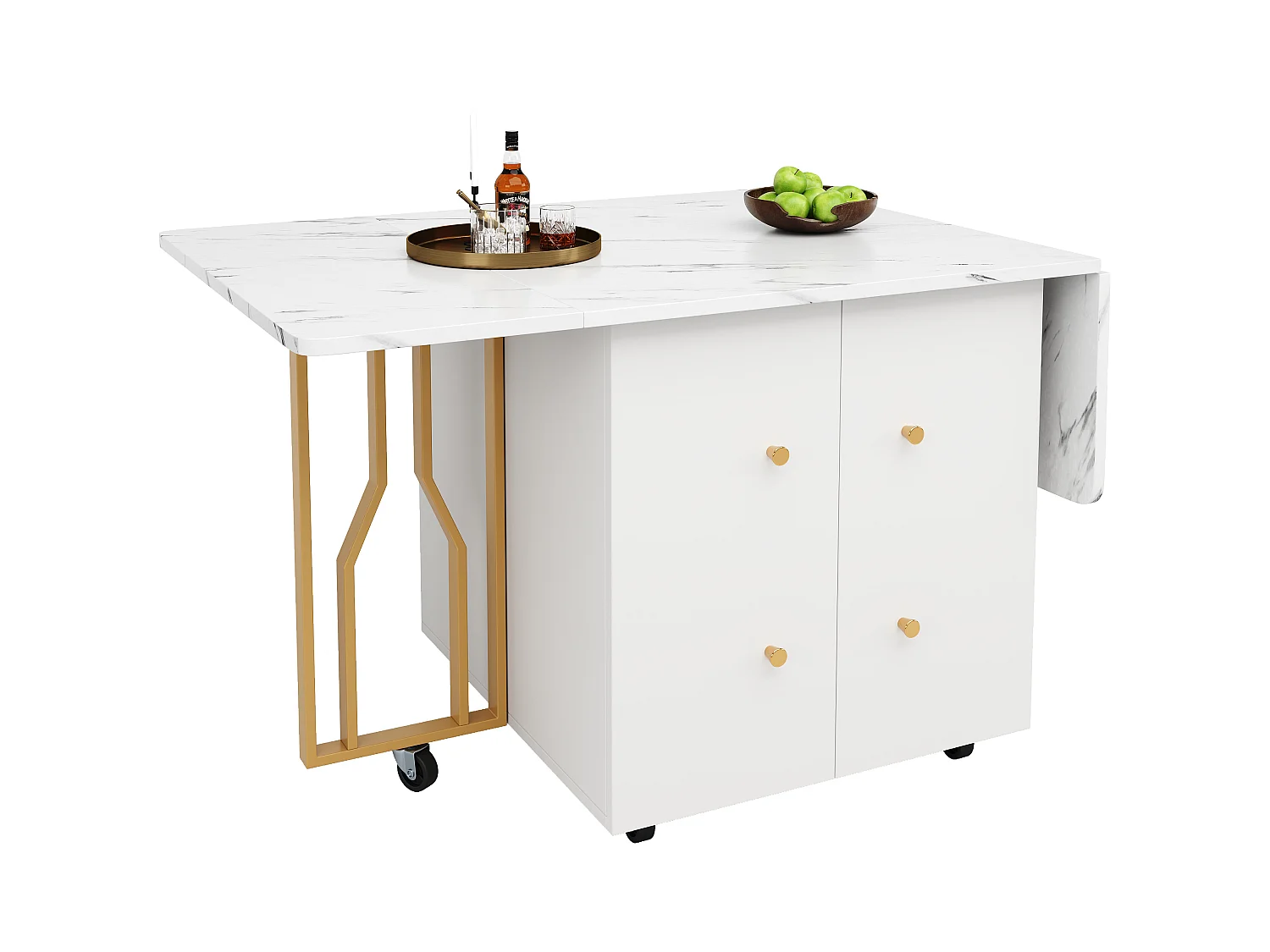 Table à manger extensible, Effet marbre blanc, - 140x75x76.3 cm - avec rangement, 6 roulettes, pieds dorés