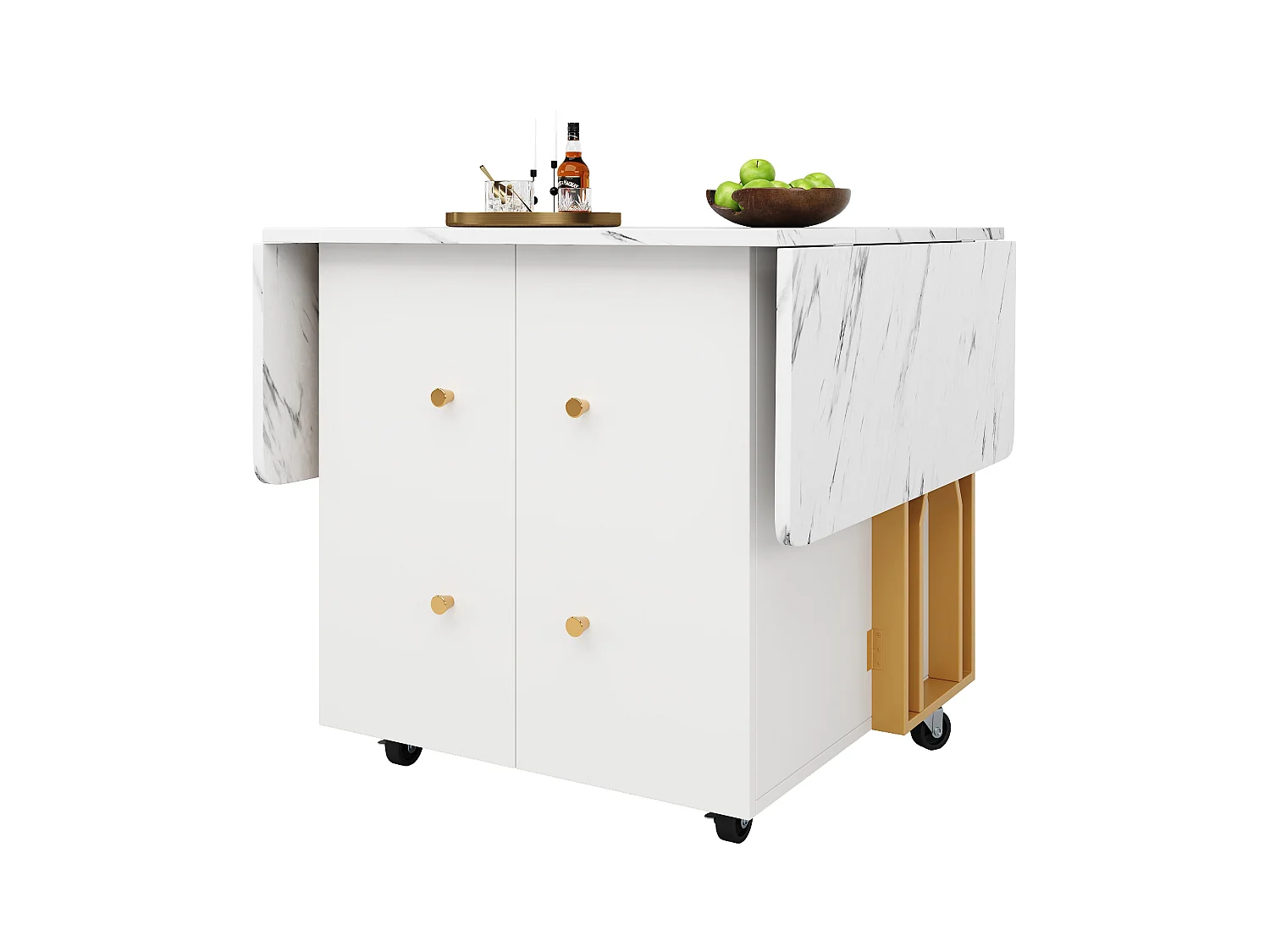 Table à manger extensible, Effet marbre blanc, - 140x75x76.3 cm - avec rangement, 6 roulettes, pieds dorés