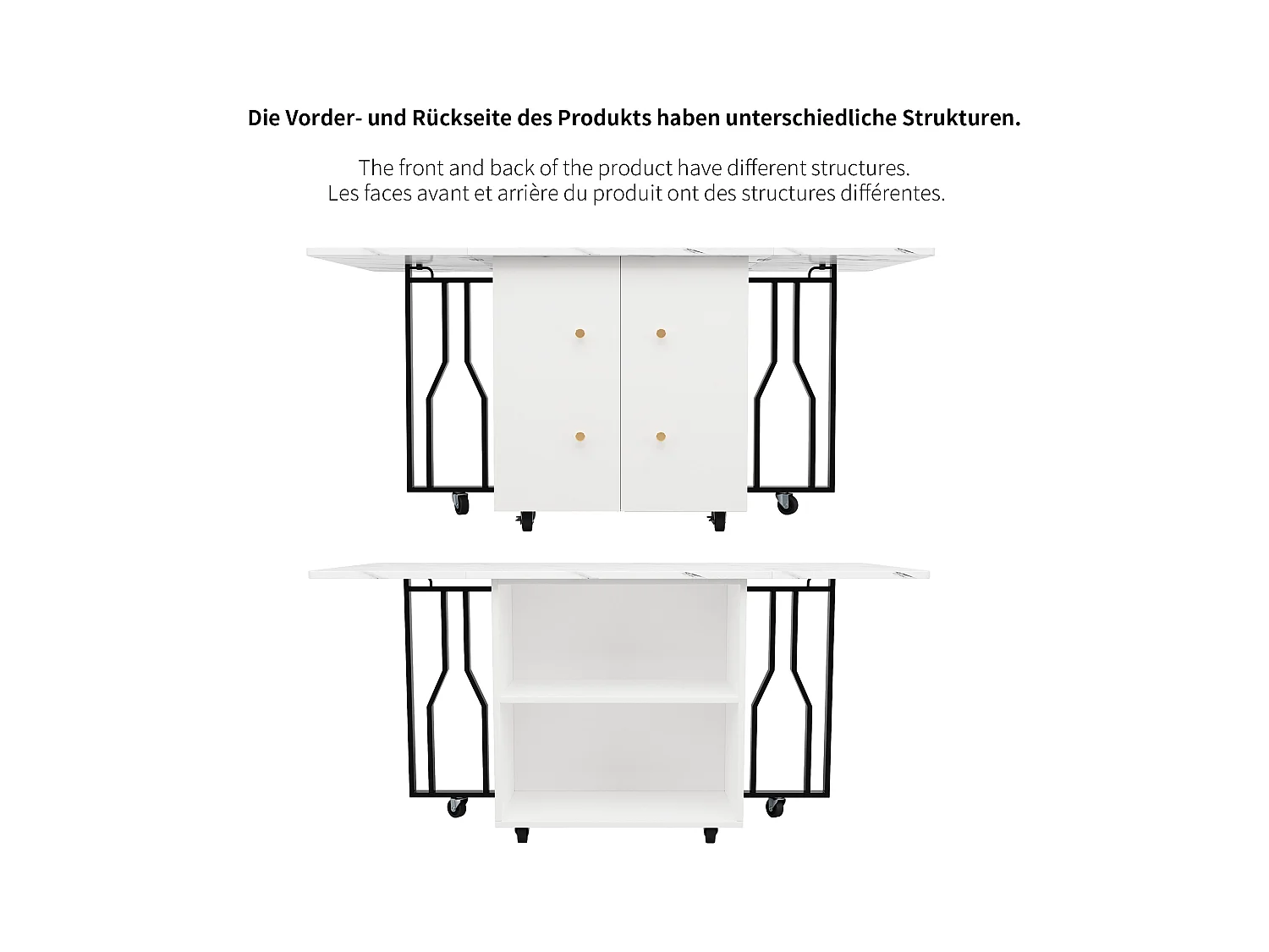 Table à manger extensible, Effet marbre blanc, - 140x75x76.3 cm - avec rangement, 6 roulettes, pieds noirs