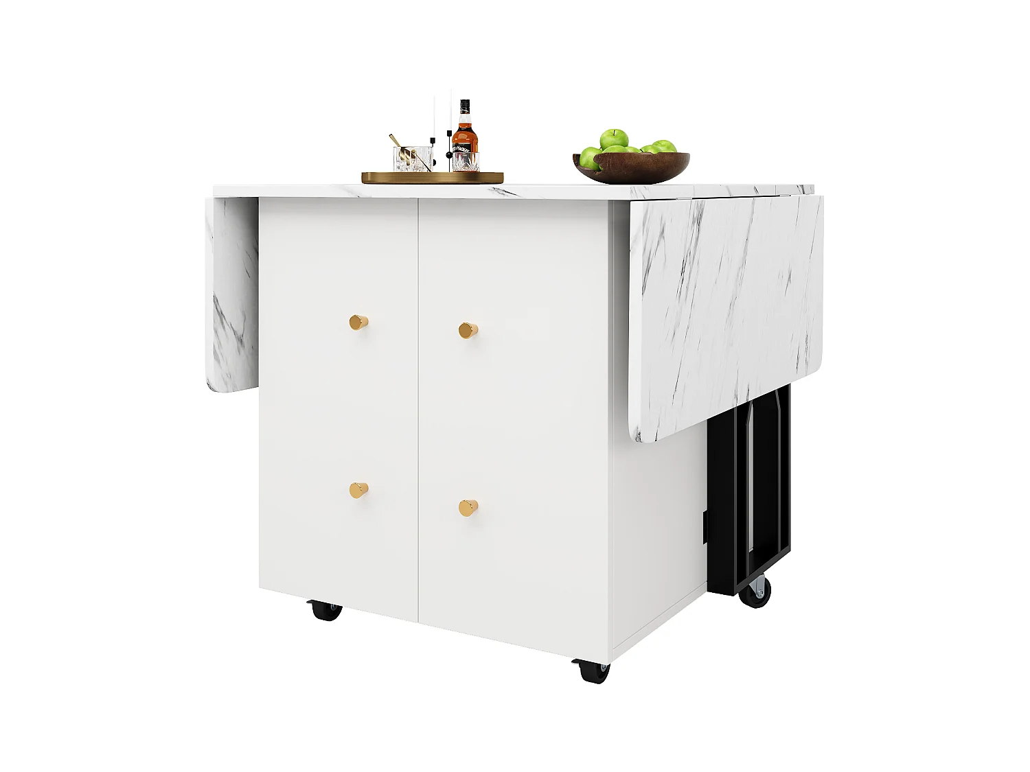 Table à manger extensible, Effet marbre blanc, - 140x75x76.3 cm - avec rangement, 6 roulettes, pieds noirs