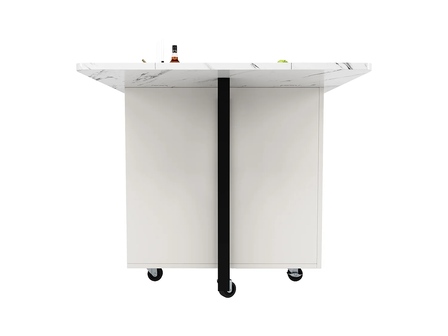 Table à manger extensible, Effet marbre blanc, - 140x75x76.3 cm - avec rangement, 6 roulettes, pieds noirs