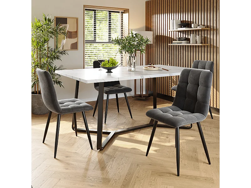 Ensemble table + 4 chaises, table moderne en marbre blanc, pieds noirs, chaises en velours gris