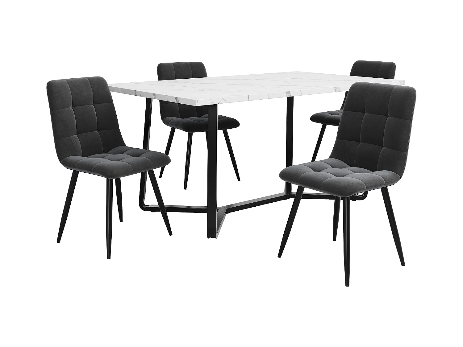 Ensemble table + 4 chaises, table moderne en marbre blanc, pieds noirs, chaises en velours gris