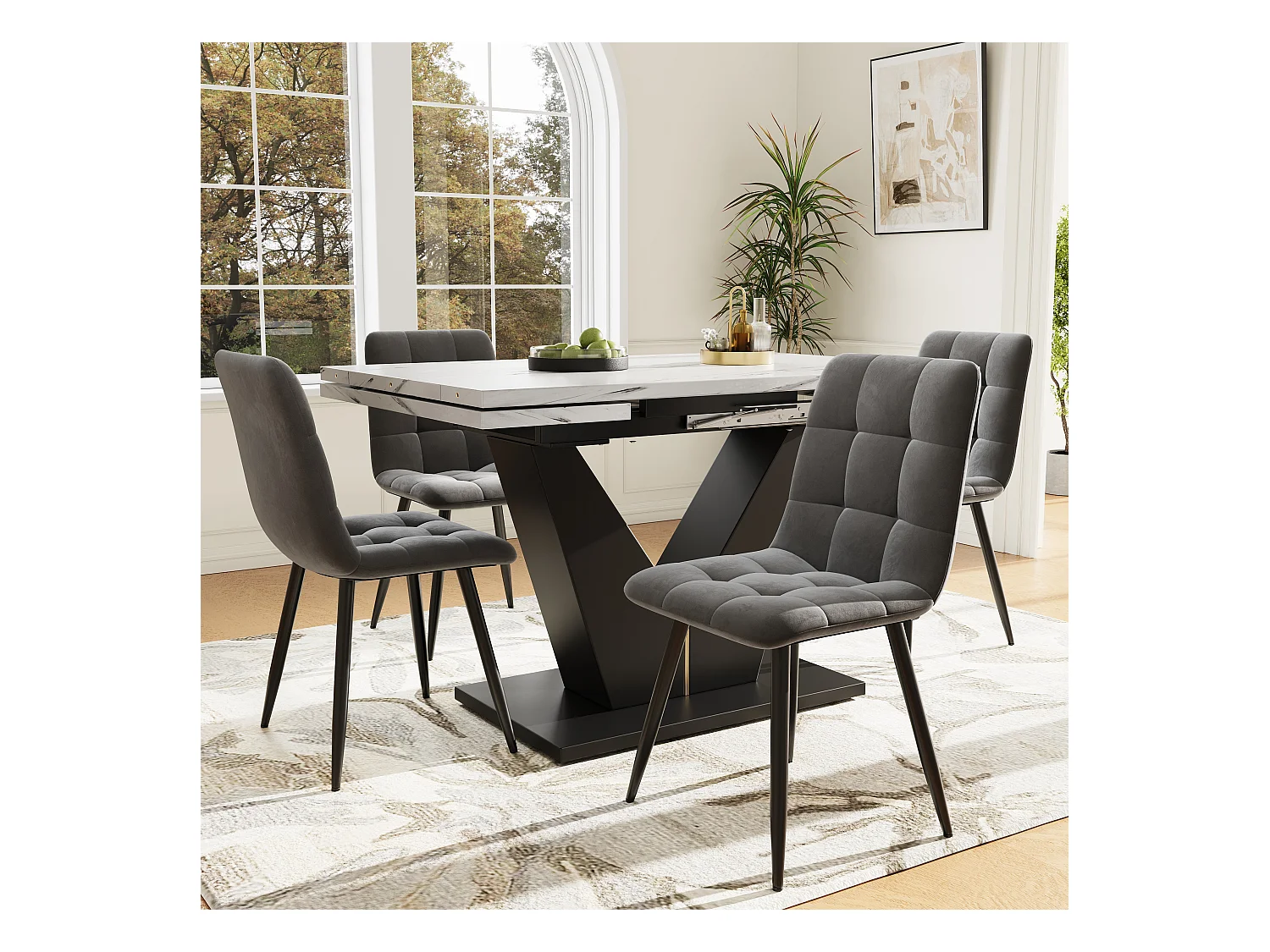 Ensemble table + 4 chaises, table extensible en marbre blanc, pieds noirs, chaises en velours gris