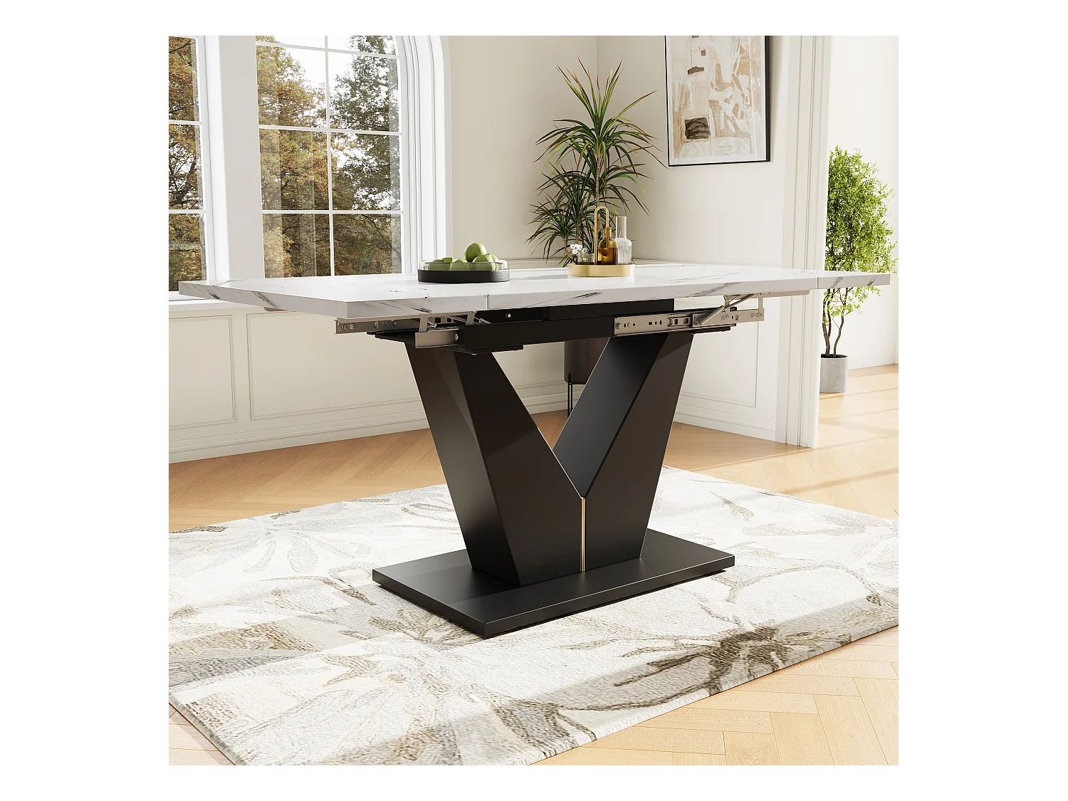 Ensemble table + 4 chaises, table extensible en marbre blanc, pieds noirs, chaises en velours gris