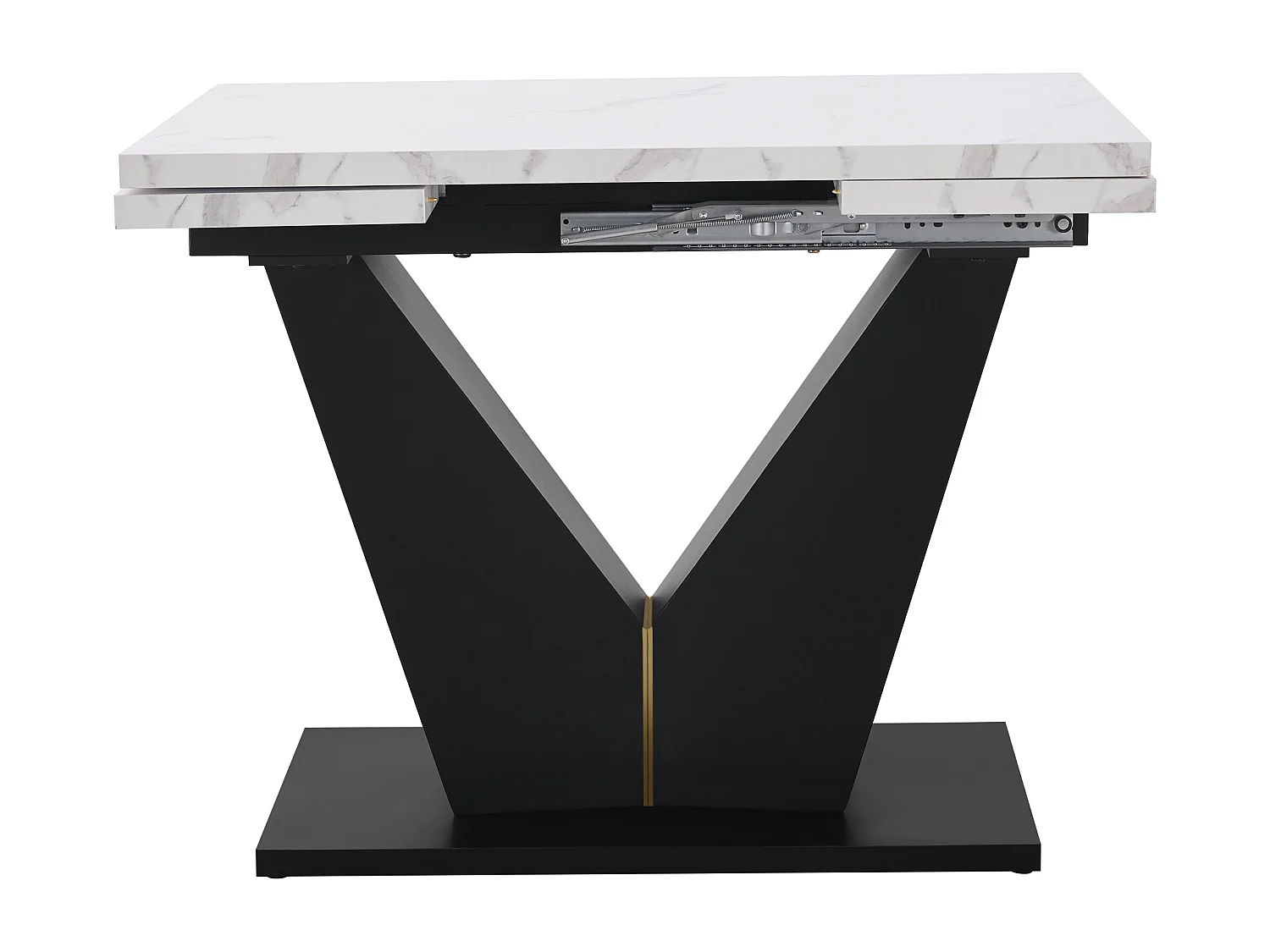 Ensemble table + 4 chaises, table extensible en marbre blanc, pieds noirs, chaises en velours gris