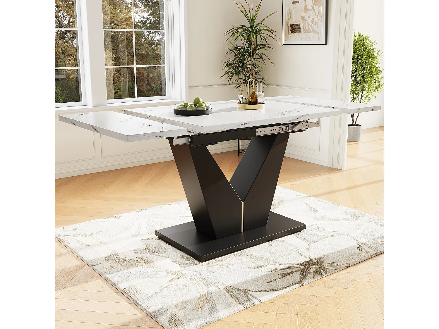 Tisch + 4 Stühle Set, ausziehbarer weißer Marmortisch, schwarze Beine, graue Samtstühle