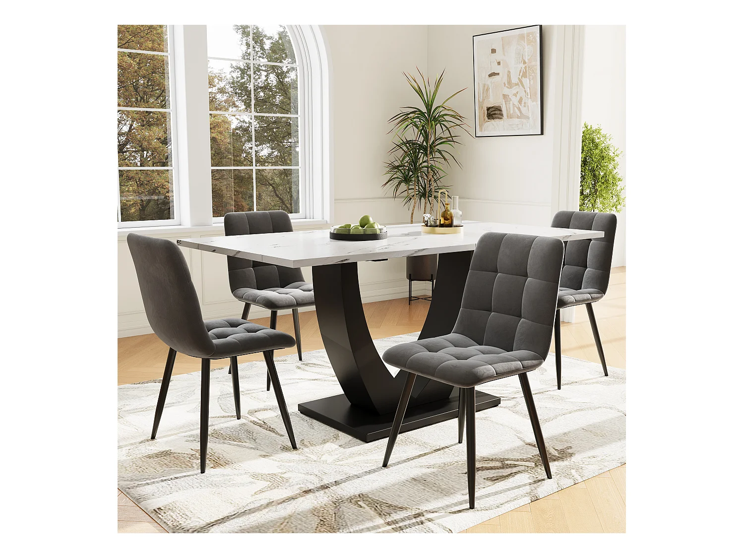 Ensemble table + 4 chaises, table moderne en marbre blanc, pieds noirs, chaises en velours gris