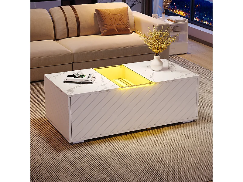 Nowoczesny stolik kawowy z oświetleniem LED i 2 szufladami z drewna i szkła - 100x60x35cm - efekt białego marmuru