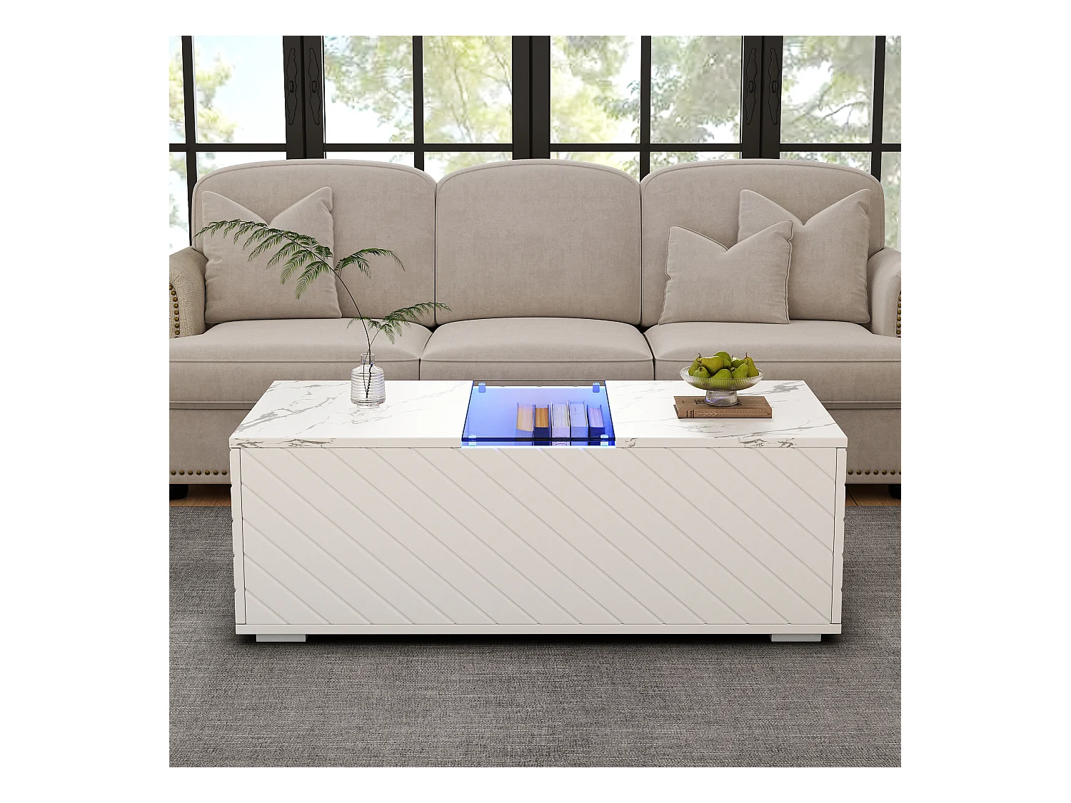 Nowoczesny stolik kawowy z oświetleniem LED i 2 szufladami z drewna i szkła - 100x60x35cm - efekt białego marmuru