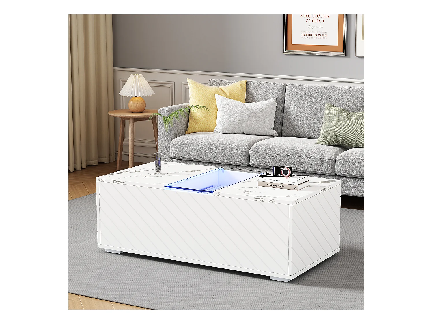 Nowoczesny stolik kawowy z oświetleniem LED i 2 szufladami z drewna i szkła - 100x60x35cm - efekt białego marmuru