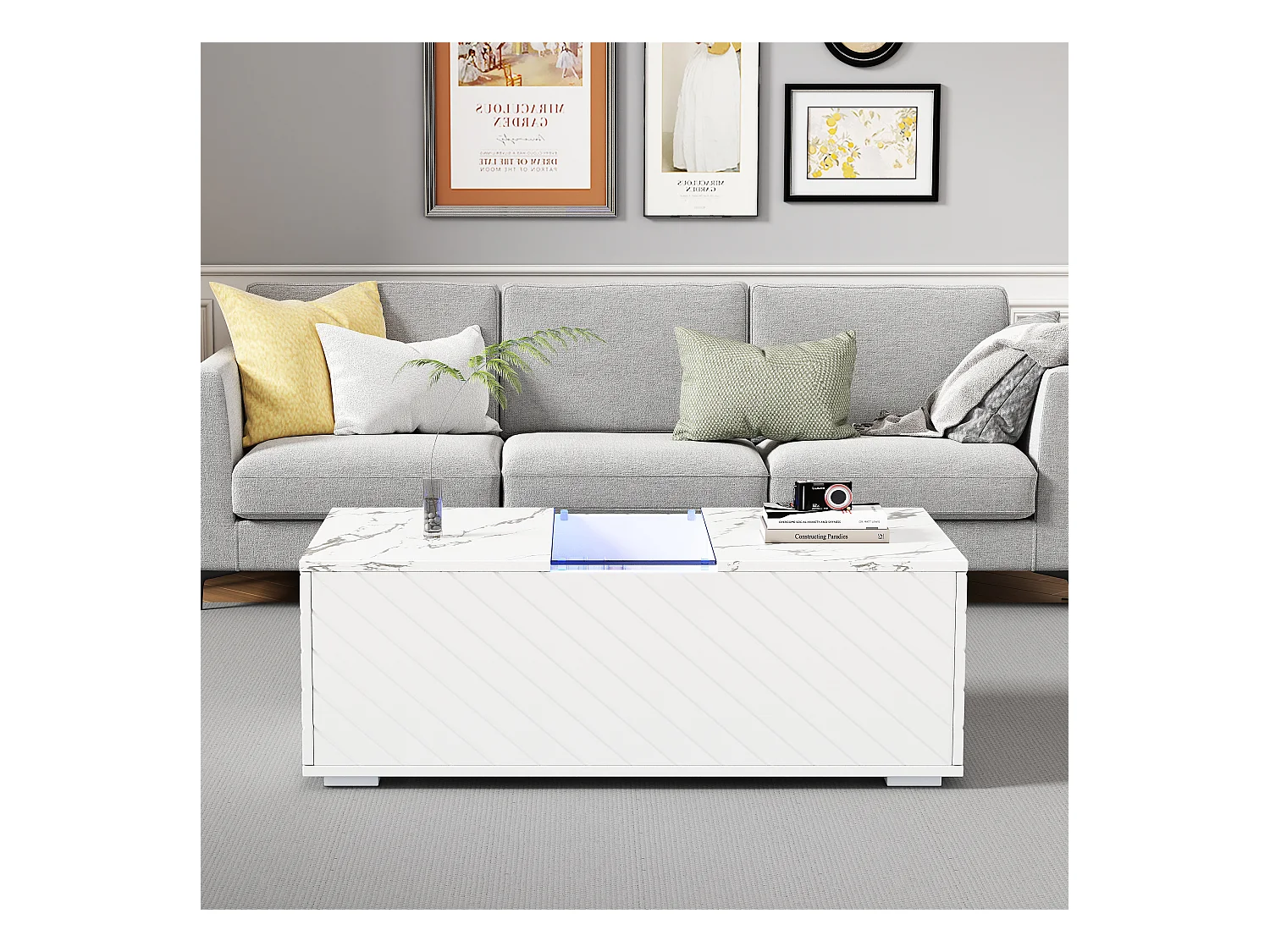 Nowoczesny stolik kawowy z oświetleniem LED i 2 szufladami z drewna i szkła - 100x60x35cm - efekt białego marmuru