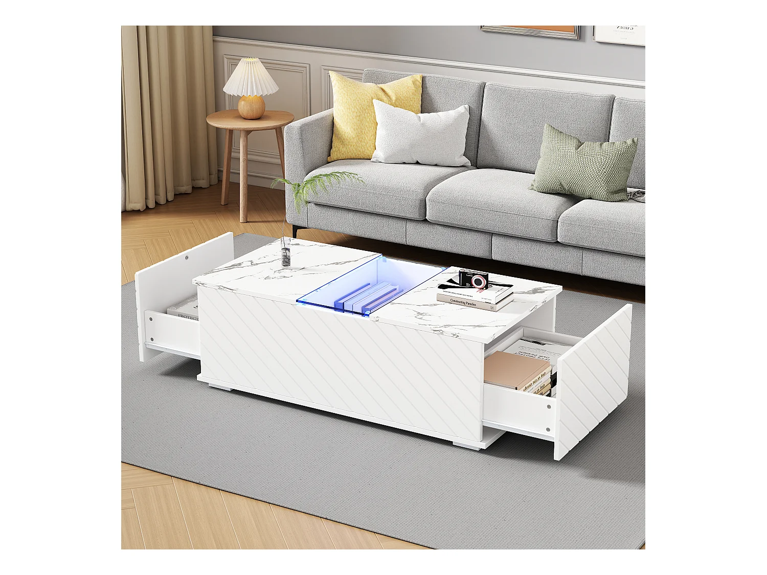Nowoczesny stolik kawowy z oświetleniem LED i 2 szufladami z drewna i szkła - 100x60x35cm - efekt białego marmuru