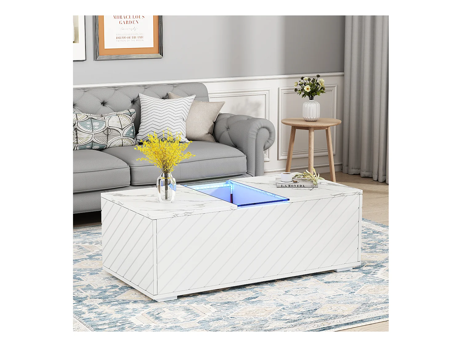 Nowoczesny stolik kawowy z oświetleniem LED i 2 szufladami z drewna i szkła - 100x60x35cm - efekt białego marmuru