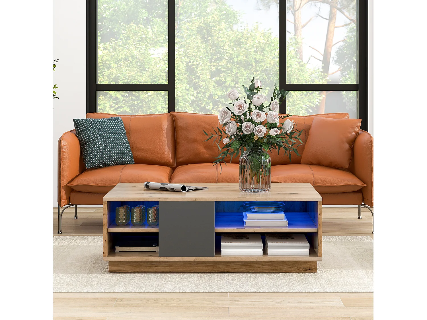 Salontafel met LED en 4 lades in MDF en staal - 100x60x35cm - Licht natuurlijk en zwart