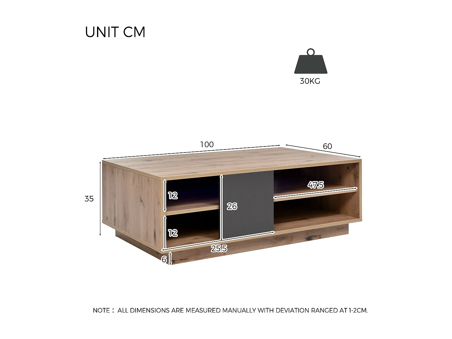 Salontafel met LED en 4 lades in MDF en staal - 100x60x35cm - Licht natuurlijk en zwart