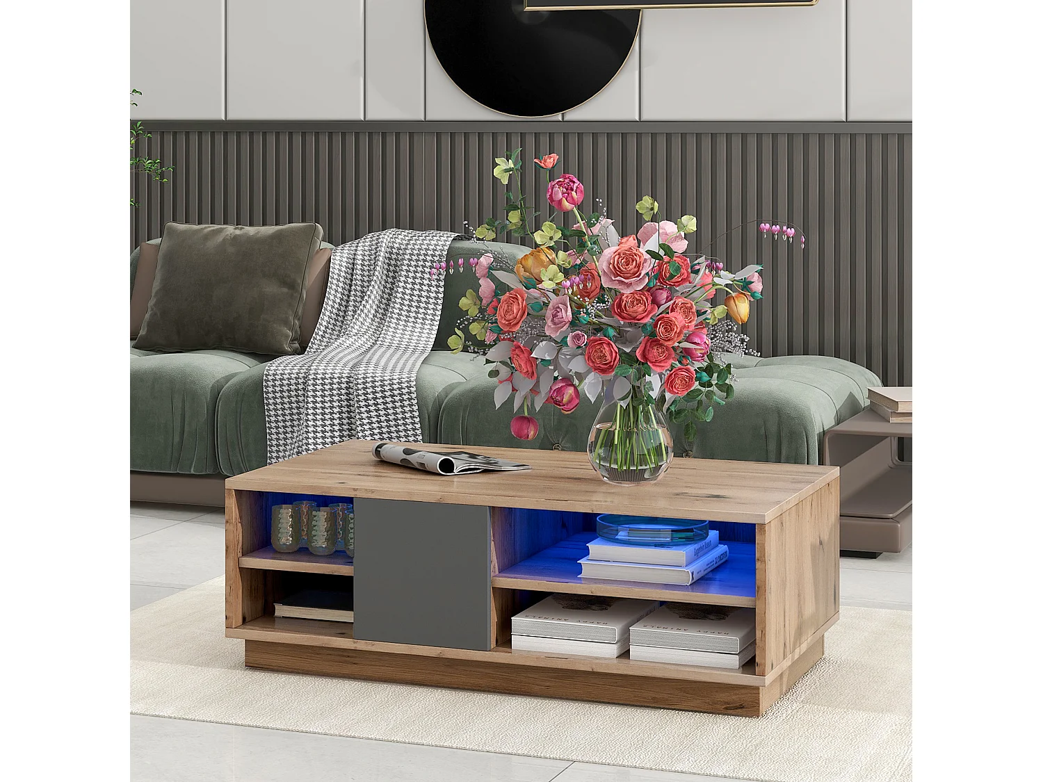 Salontafel met LED en 4 lades in MDF en staal - 100x60x35cm - Licht natuurlijk en zwart