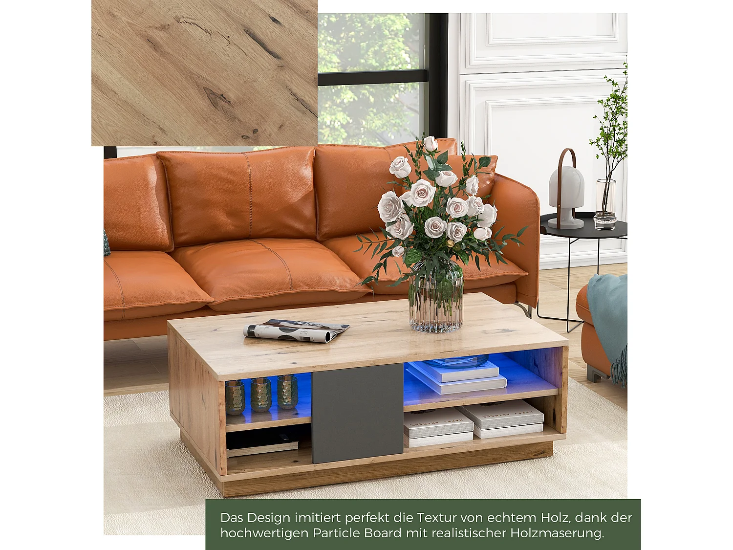 Salontafel met LED en 4 lades in MDF en staal - 100x60x35cm - Licht natuurlijk en zwart