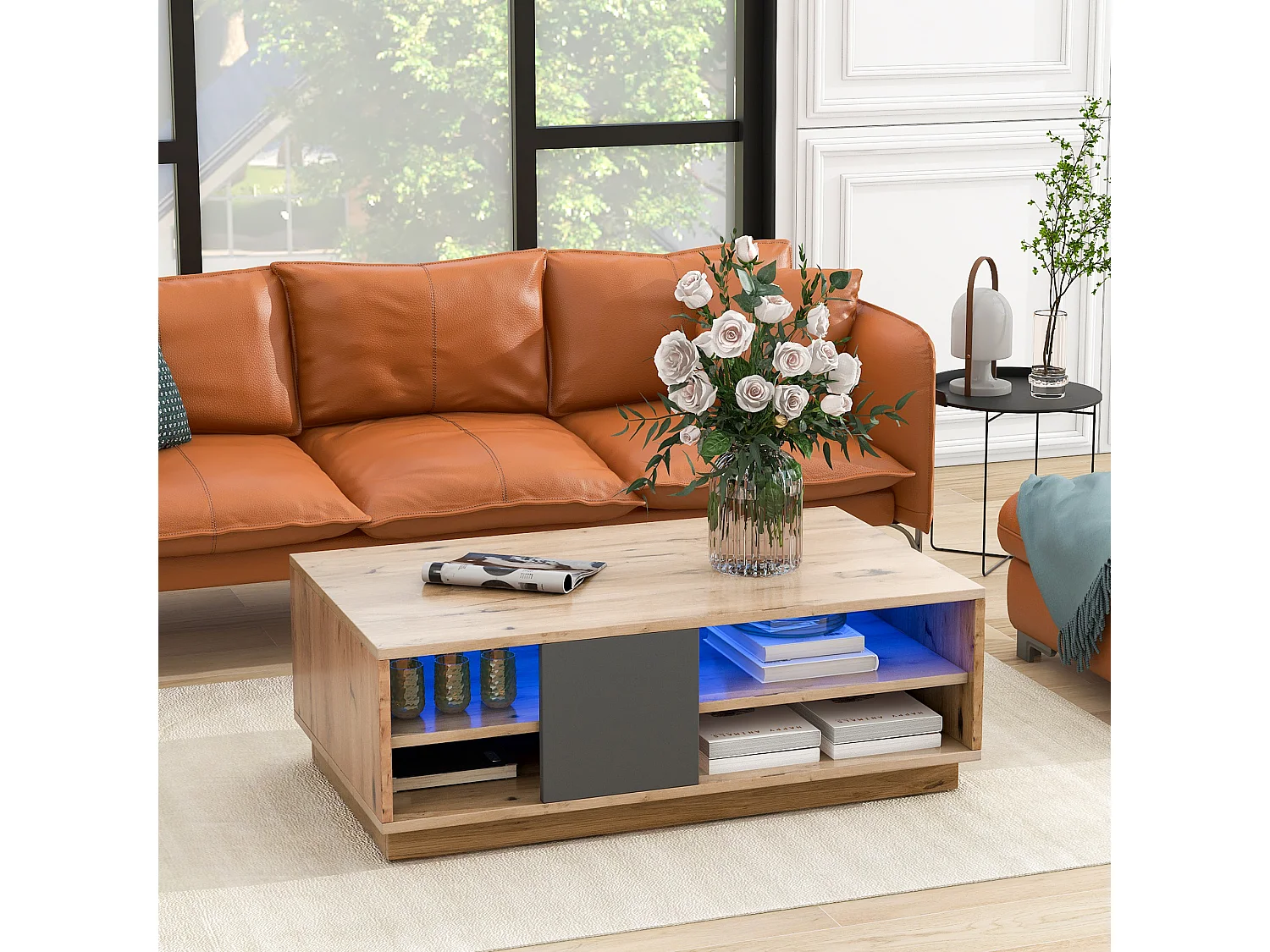 Salontafel met LED en 4 lades in MDF en staal - 100x60x35cm - Licht natuurlijk en zwart